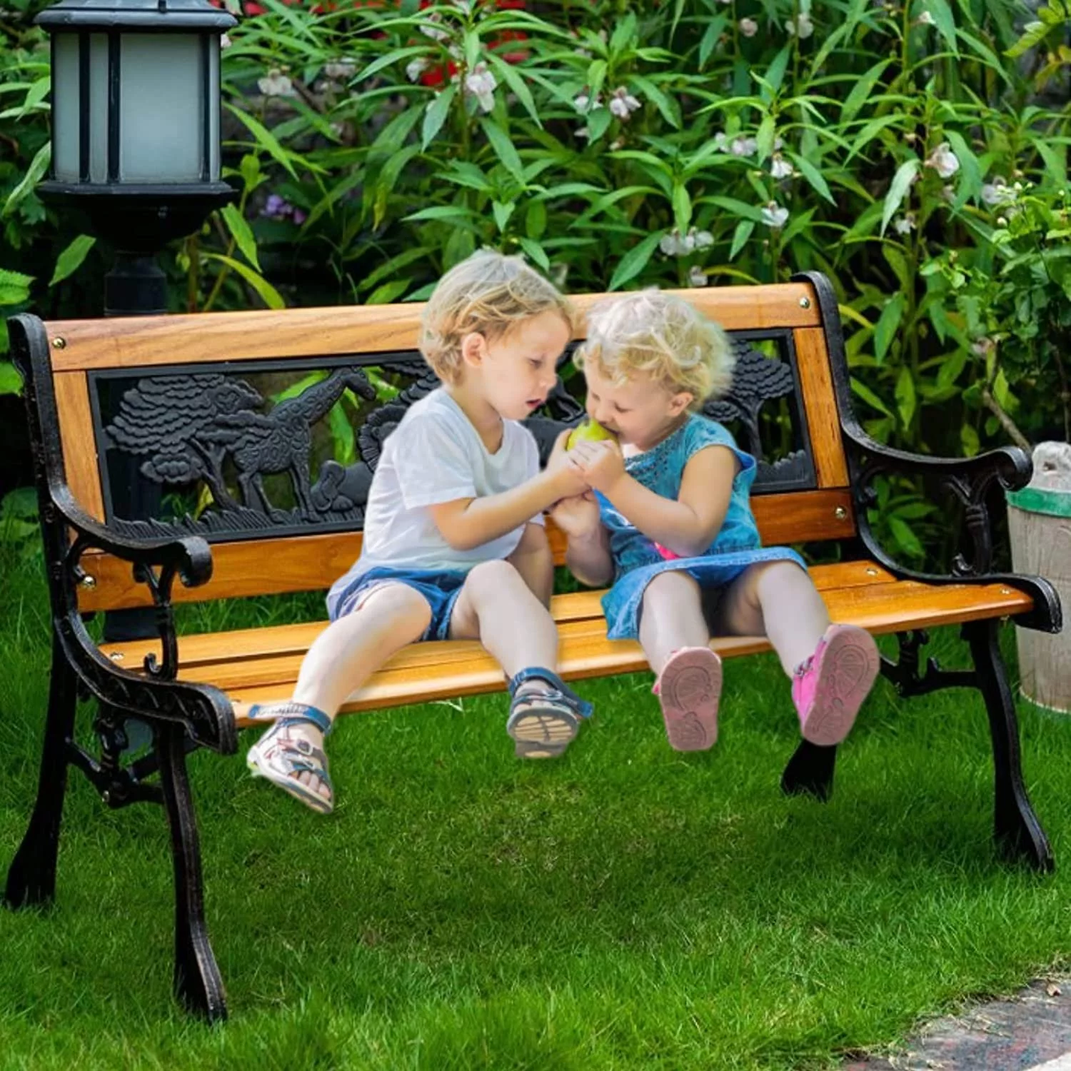 Outdoor Garden Bench Patio Bench for Kids, Small Park Bench with  Cast Iron Armrest  Metal Wood Bench for  Children, Bronze