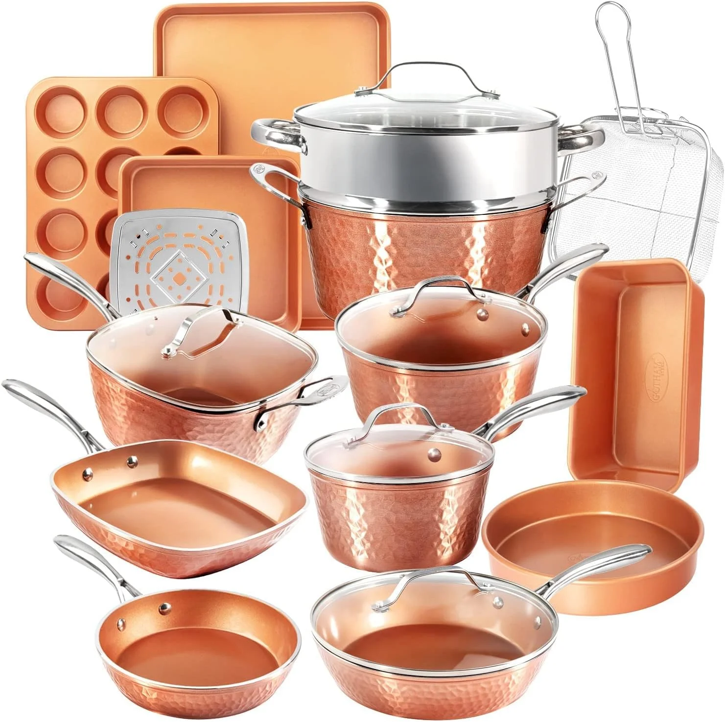 WAGEE Hammered Copper Collection – 20 Piece Premium Pots and Pans Set Nonstick Ceramic Cookware + Bakeware Set for Kitchen, Induction/Dishwasher/Oven Safe, Healthy and Non Toxic