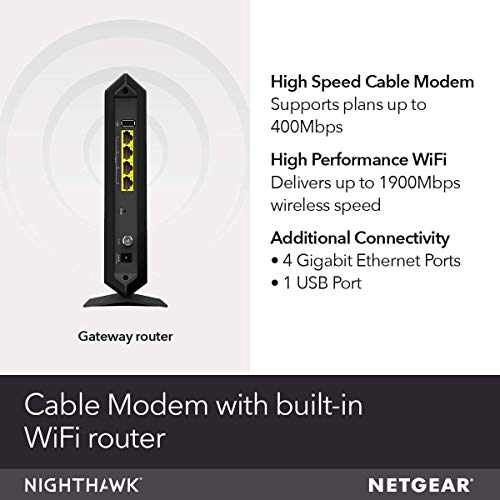 Netgear Nighthawk Cable Modem WiFi Router Combo C7000-Compatibility Cable Providers Including Xfinity by Comcast, Spectrum, Cox (Renewed)