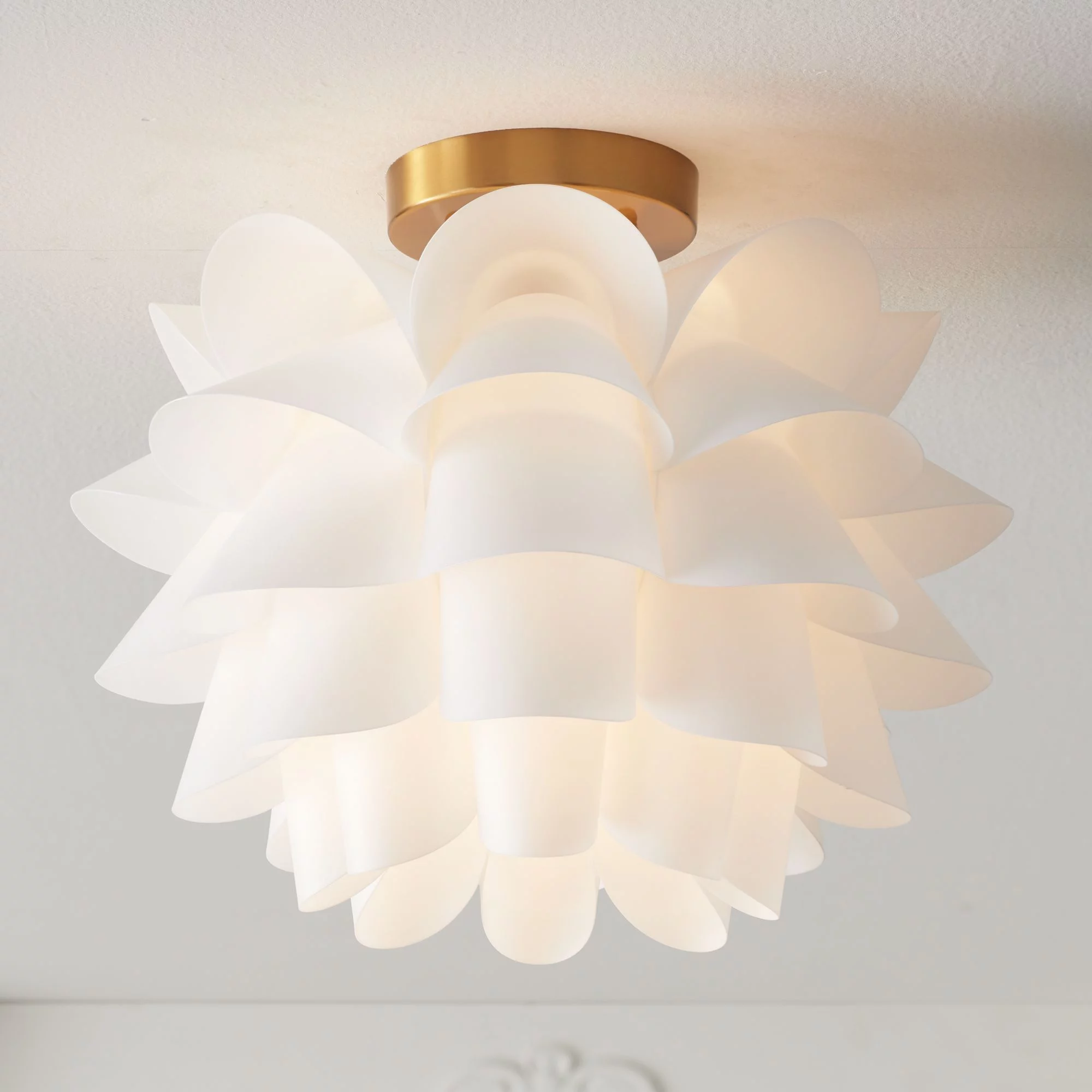 Possini Euro Design Modern Ceiling Light Semi Flush Mount Fixture White Flower Gold Metal 15 3/4