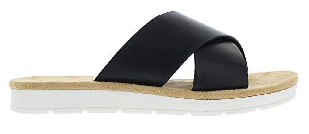 Izod Amber Flat Engineered Leather Slip on Sandals for Women, Memory Foam Summer Slides, Black S