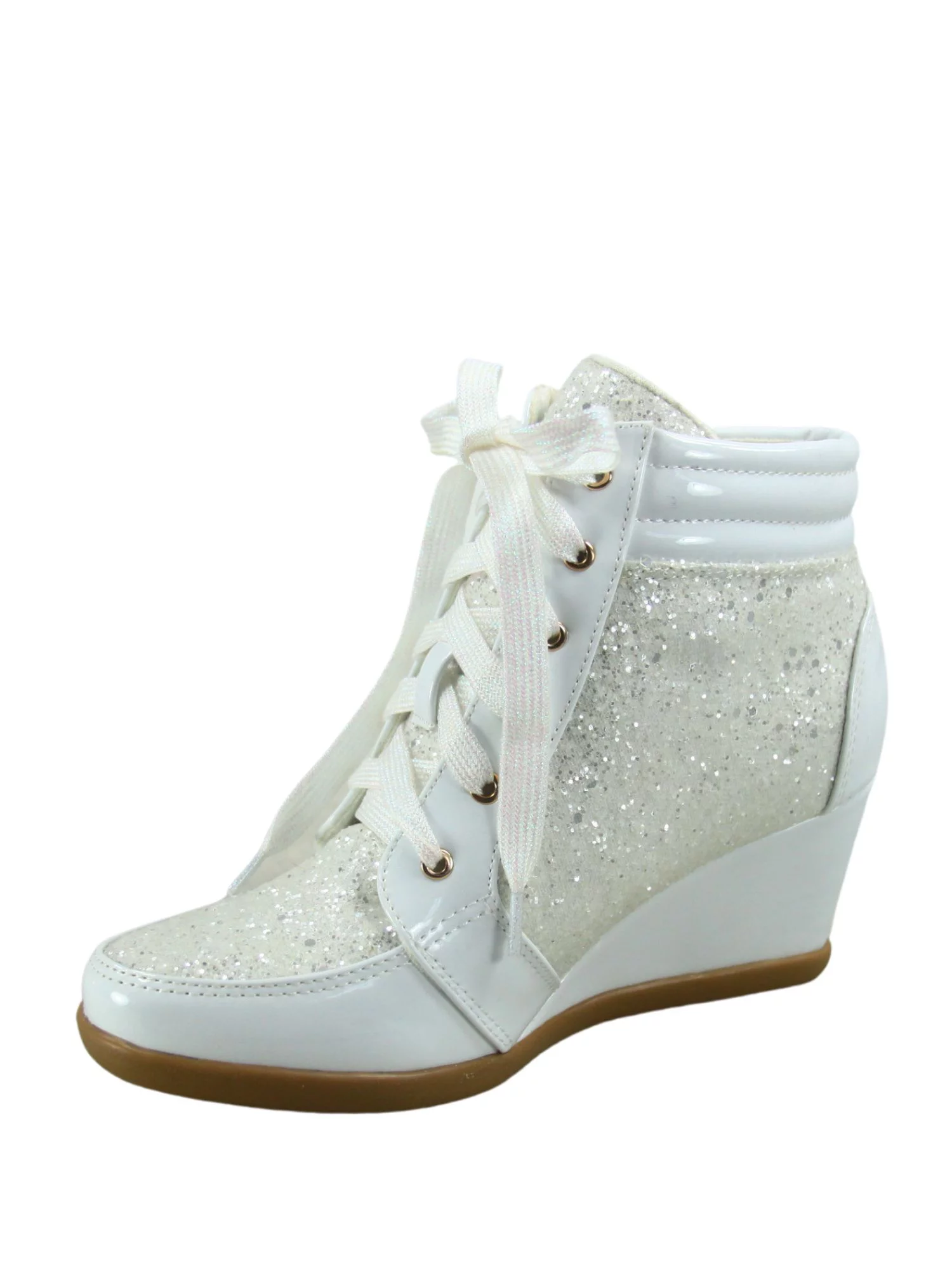 Peggy-44 Women's Glitter Metallic Lace Up Low Top Low Wedge Fashion Sneaker Shoes ( White, 7.5)