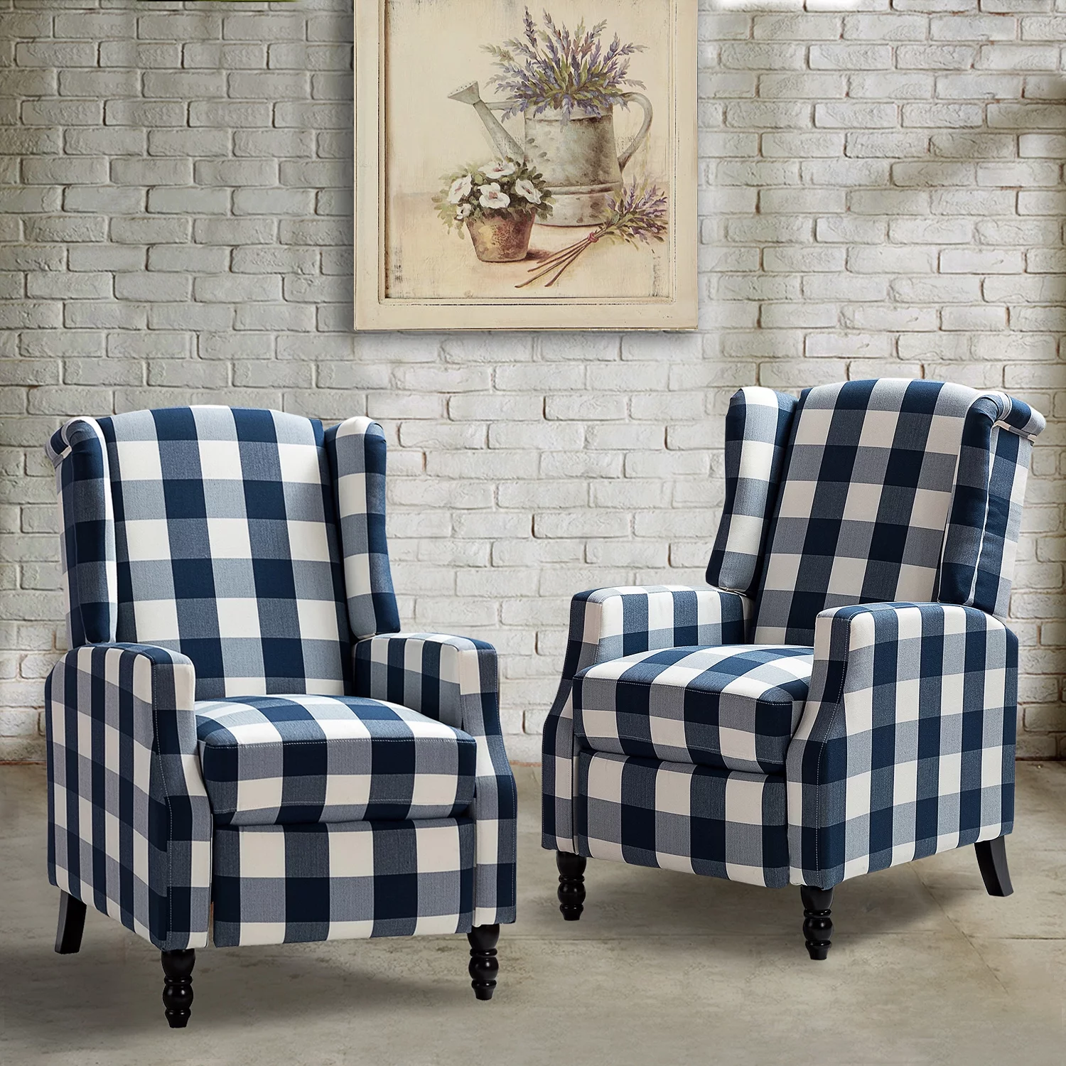 Recliners Push Back Accent Chairs Set of 2 Armchairs Sofa Wingback Manual Fabric Upholstered  Home Theater Couches Plaid Navy