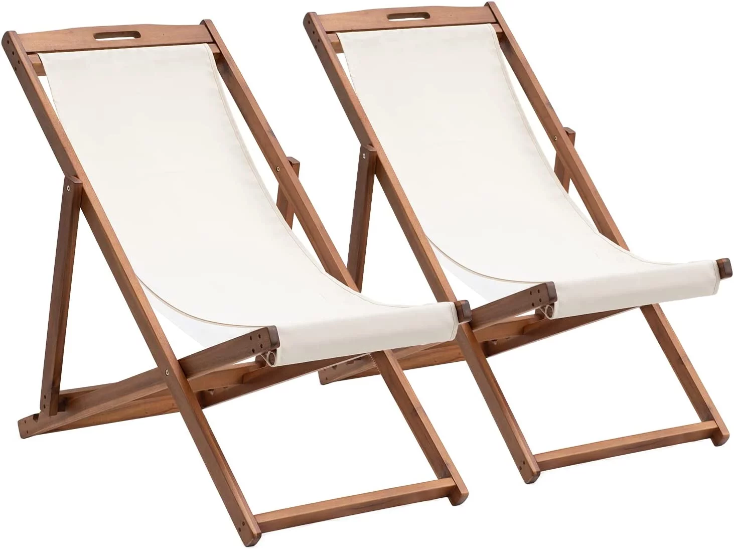 Outdoor Wooden Patio Lounge Chair 2 Set Beach Sling Chair Set Height Portable Reclining Beach Chair Solid Wood Frame with White Polyester Canvas 3 Level,Khaki