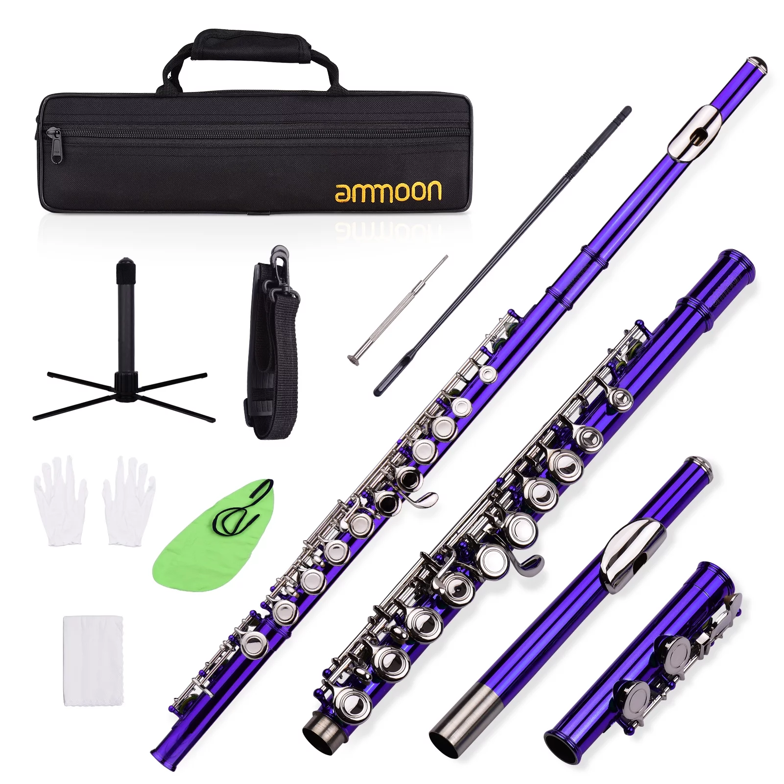 ammoon Closed Hole C Flute 16 Keys Cupronickel Nickel-plated Wind Instrument with Carry Case Flute Stand Gloves Cleaning Cloth Mini Screwdriver Cleaning Rod