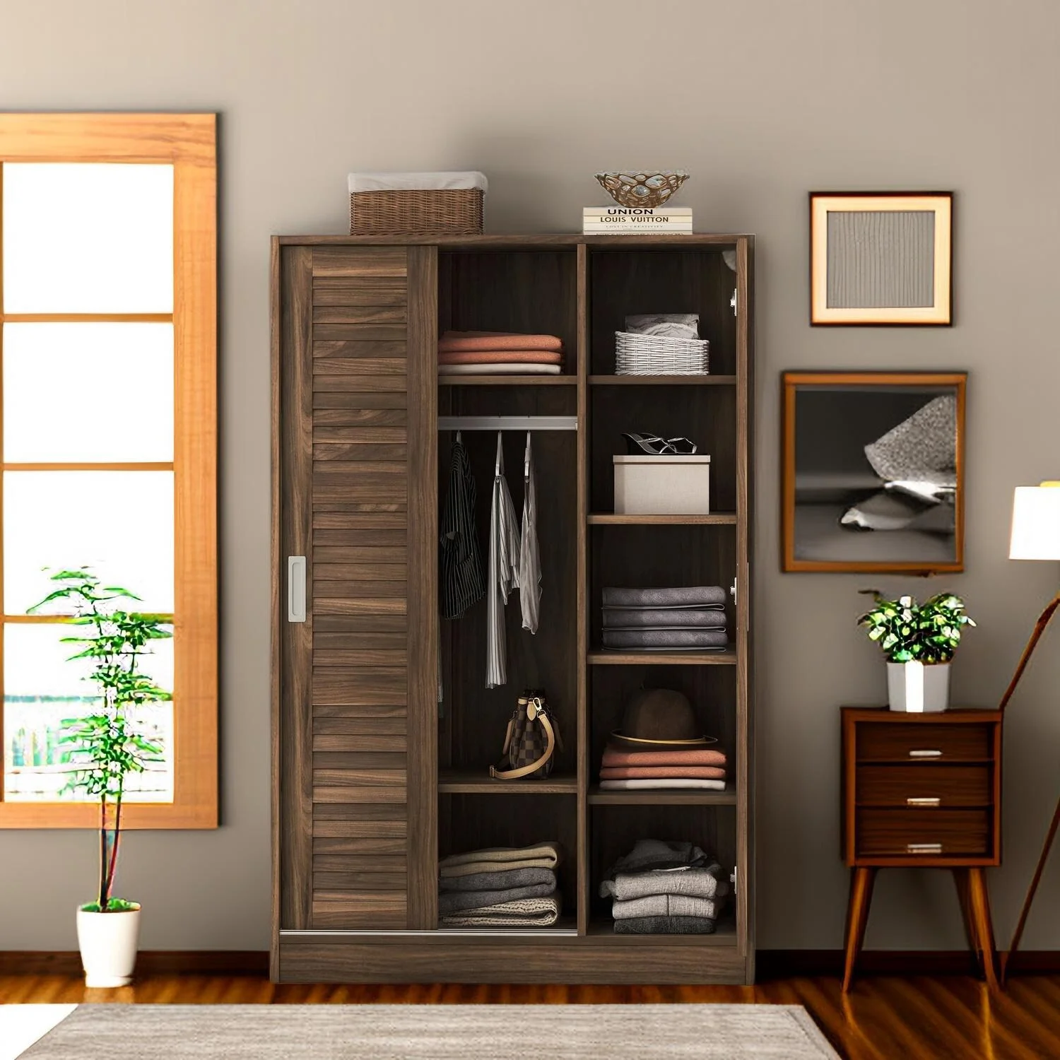 Shutter Wardrobe Mid-century 3-Door  with shelves For Bedroom