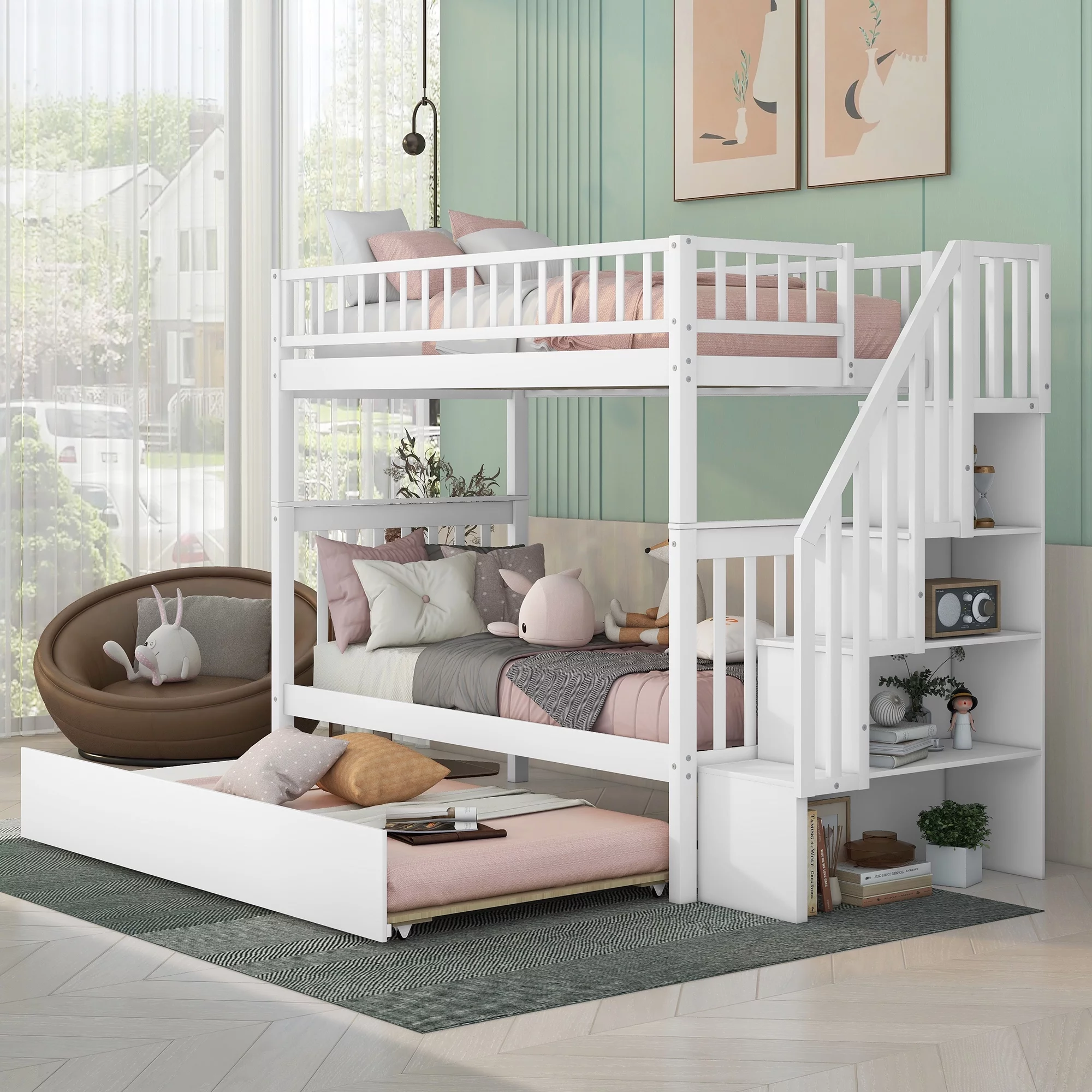 Bellemave Wood Twin over Twin Bunk Bed with Trundle, Storage Stairs - Separate into 2 Twin Beds - Modern, Space-Saving Design for 3 Kids - White