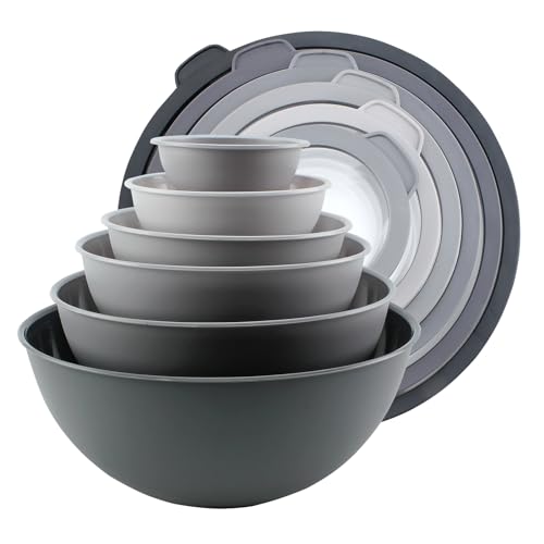 COOK WITH COLOR Mixing Bowls with Lids - 12 Piece Plastic Nesting Bowls Set includes 6 Prep Bowls and 6 Lids, Non Slip Bottom and Embossed Design - Microwave Safe