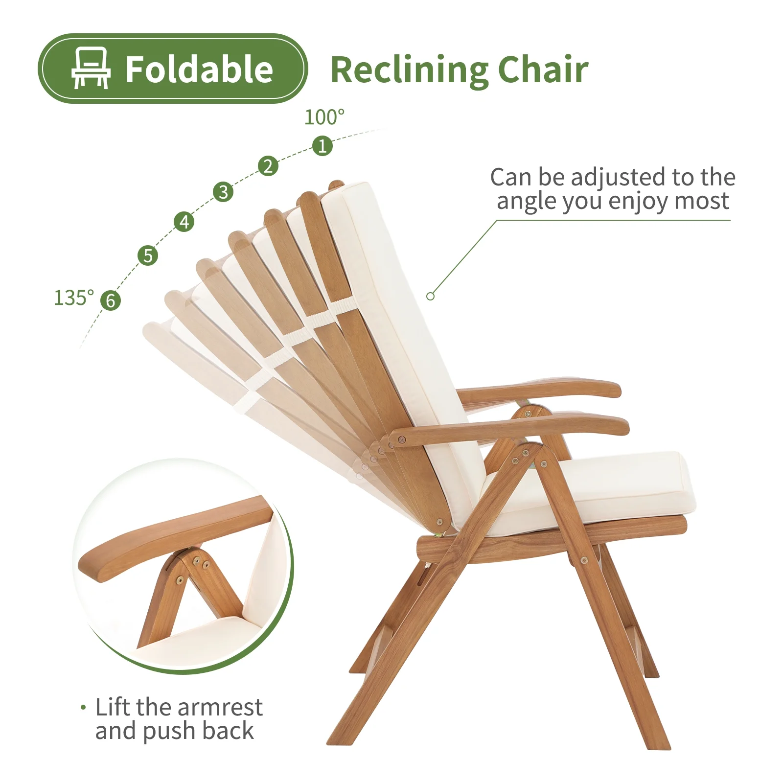 OC Orange-Casual 7 Piece Patio Dining Set, Outdoor Acacia Wood Furniture Set, Extendable Rectangular Table and 6 Foldable Reclining chairs w/Removeable Cushion, FSC Certified, for Deck Garden Backyard
