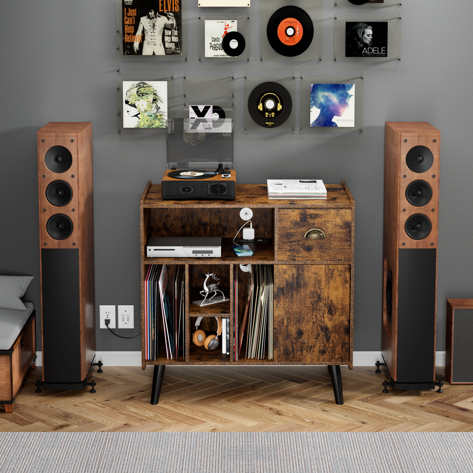 Luxmo Record Player Stand with Vinyl Storage, Vinyl Record storage Cabinet with Charging Station, Turntable Stand Record Table Display with Wood Legs for Bedroom Living Room