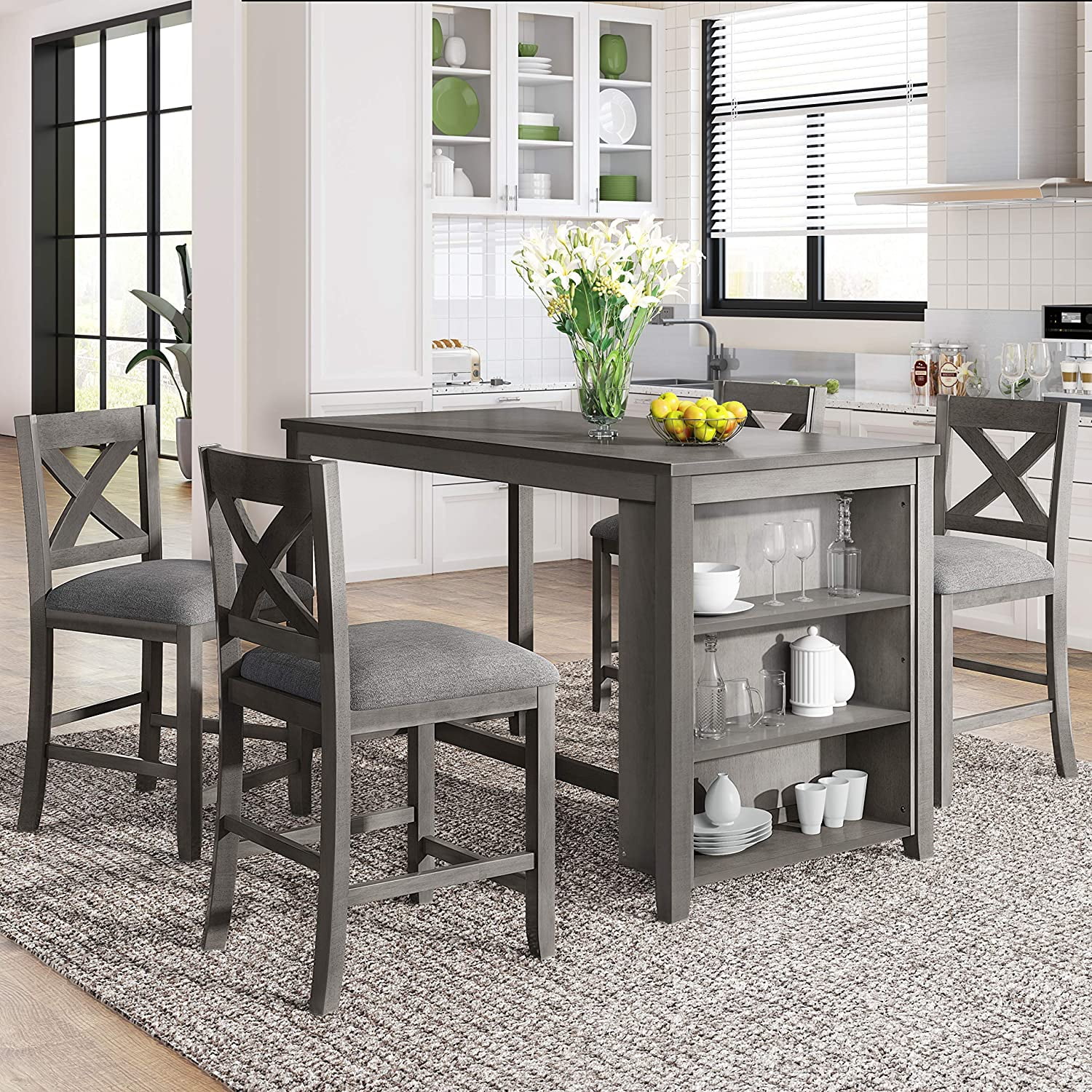 sell well Farmhouse Dining Room Table Set  5 Pieces Counter Height Wooden Bar Table Set with 3-Tier Storage  4 Chairs  Compact Pub Table Set for Small Kitchen Room (Gray/Rustic+4)