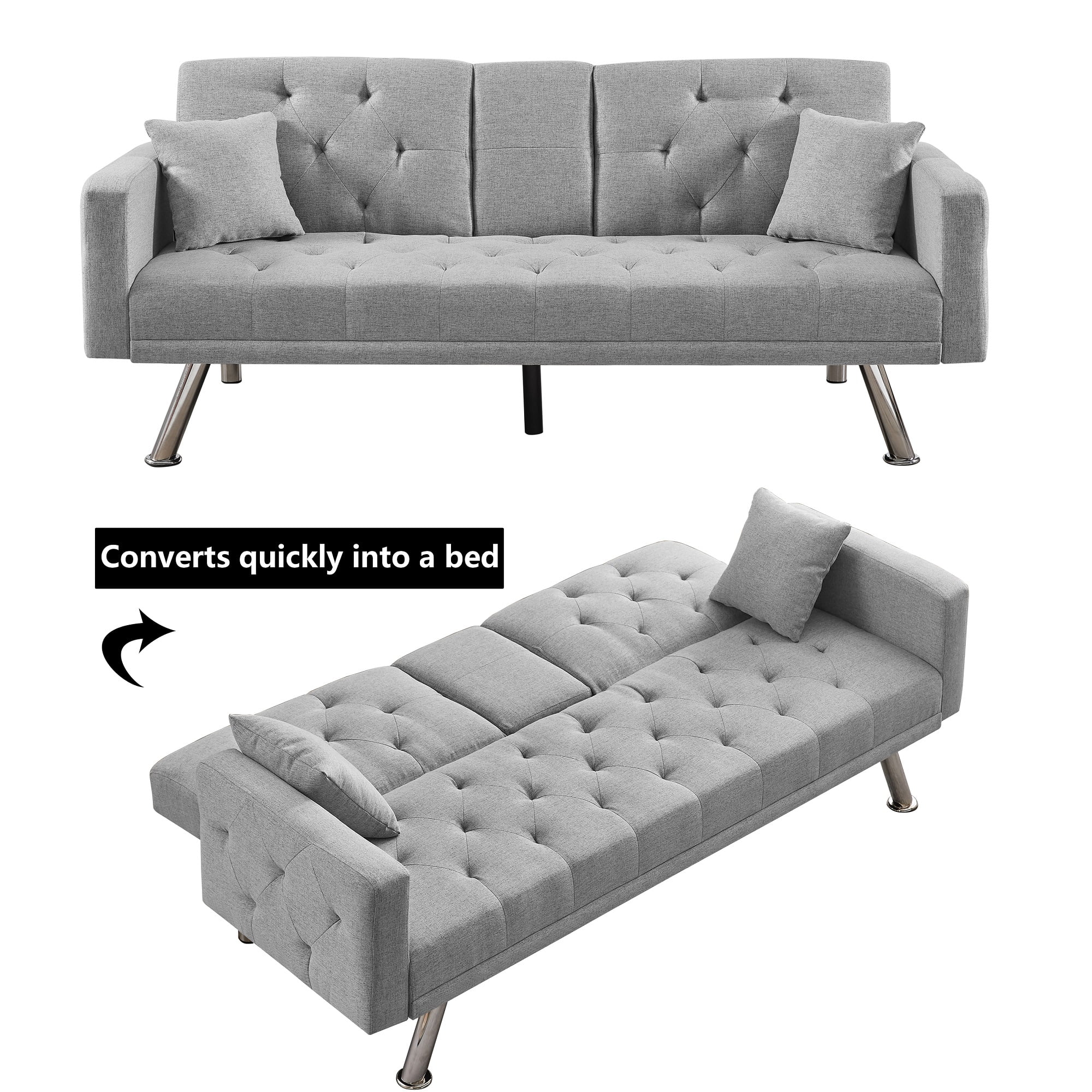 HUTWIFE Convertible Linen Futon Sofa Bed Couch ,Upholstered Sofa with Adjustable Backrest and 2 Cupholders, Grey