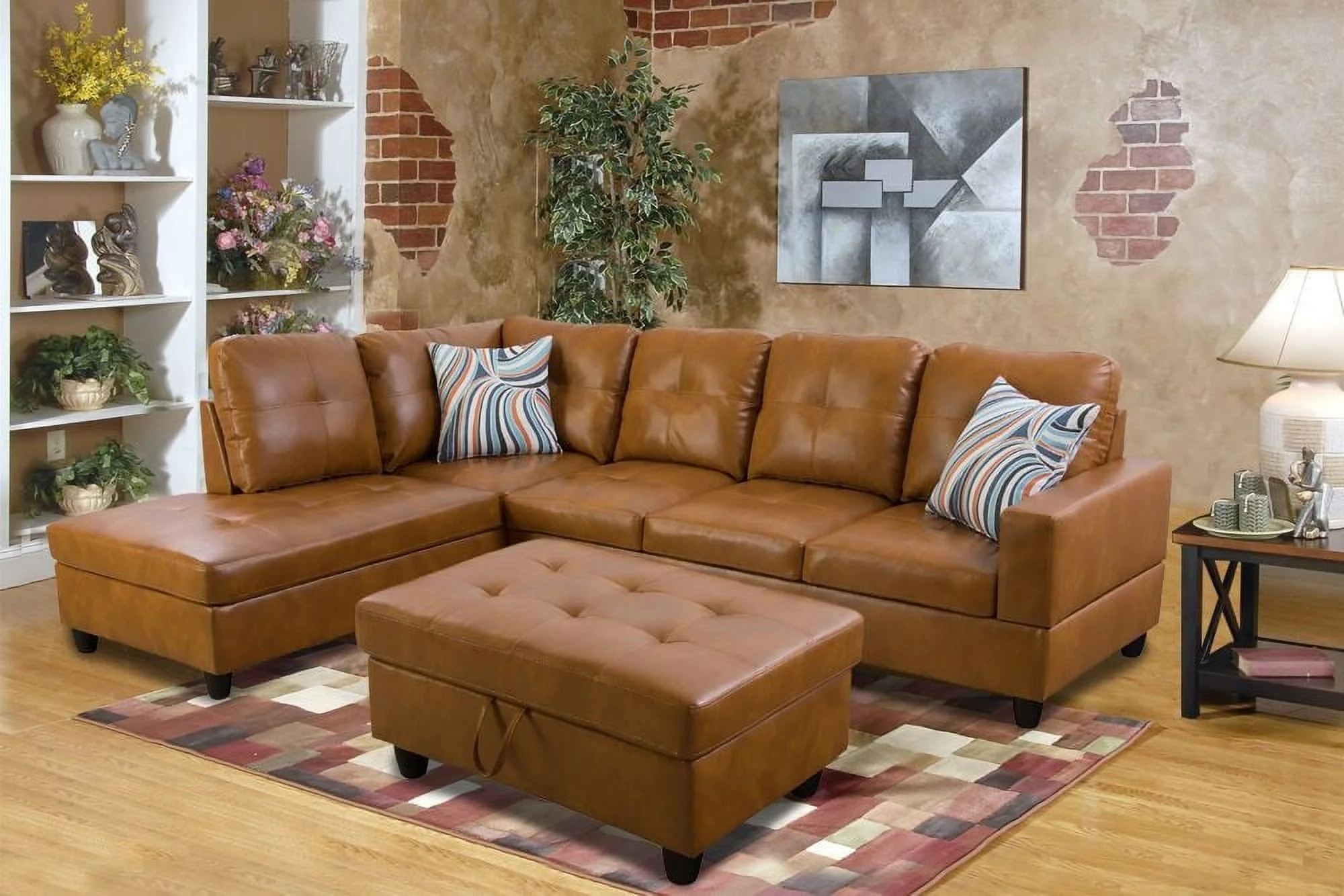 PonLiving Furniture Faux Leather 3 Piece Ginger Left Hand Facing Sectional Sofa Couch Set, L-Shaped Modern Sofa with Chaise Storage Ottoman and Pillows for Living Room Furniture