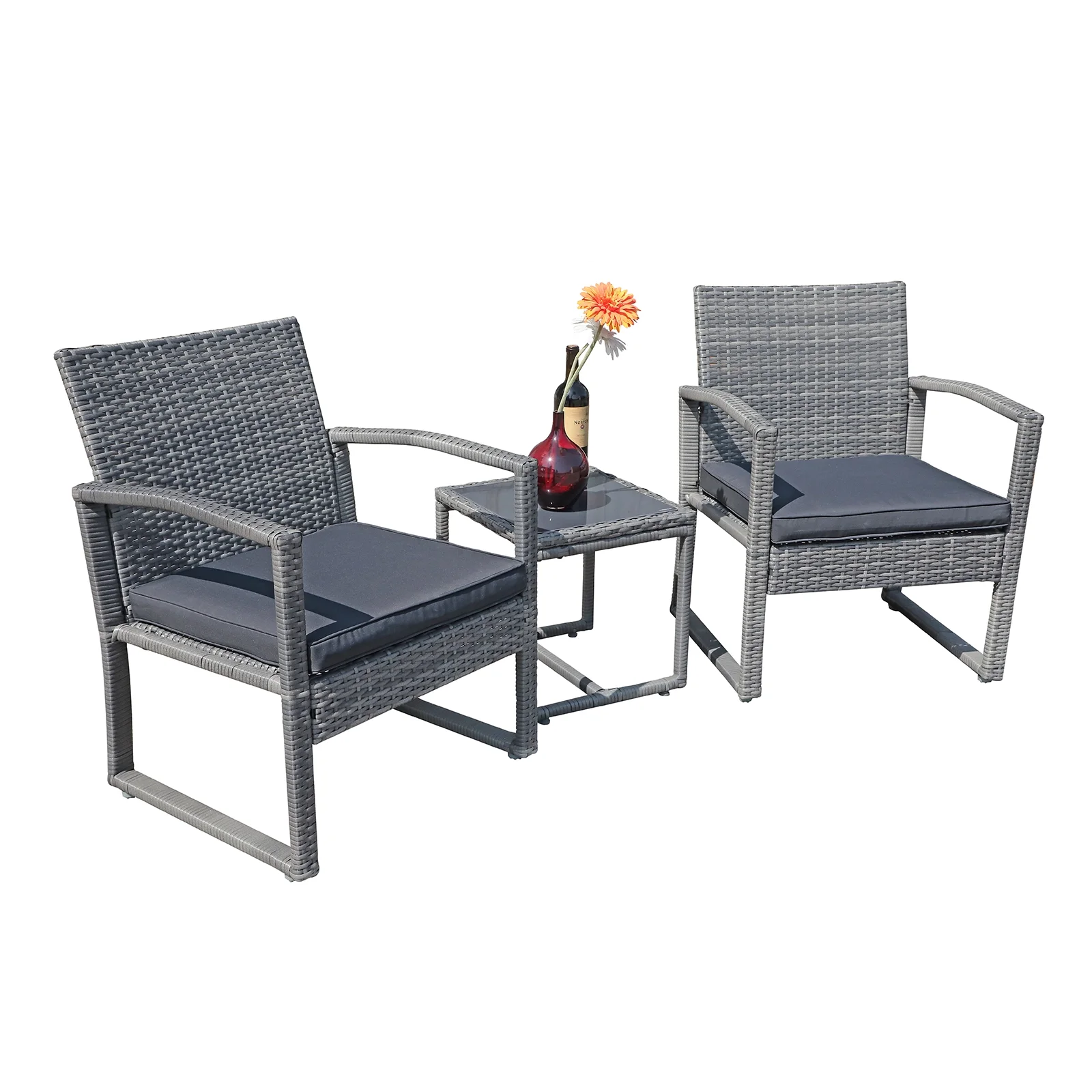 3 Piece Patio Furniture Set, Outdoor Wicker Conversation Bistro Set Balcony Chair Sets with Coffee Table for Yard, Porch, Lawn, Poolside, Dark Gray