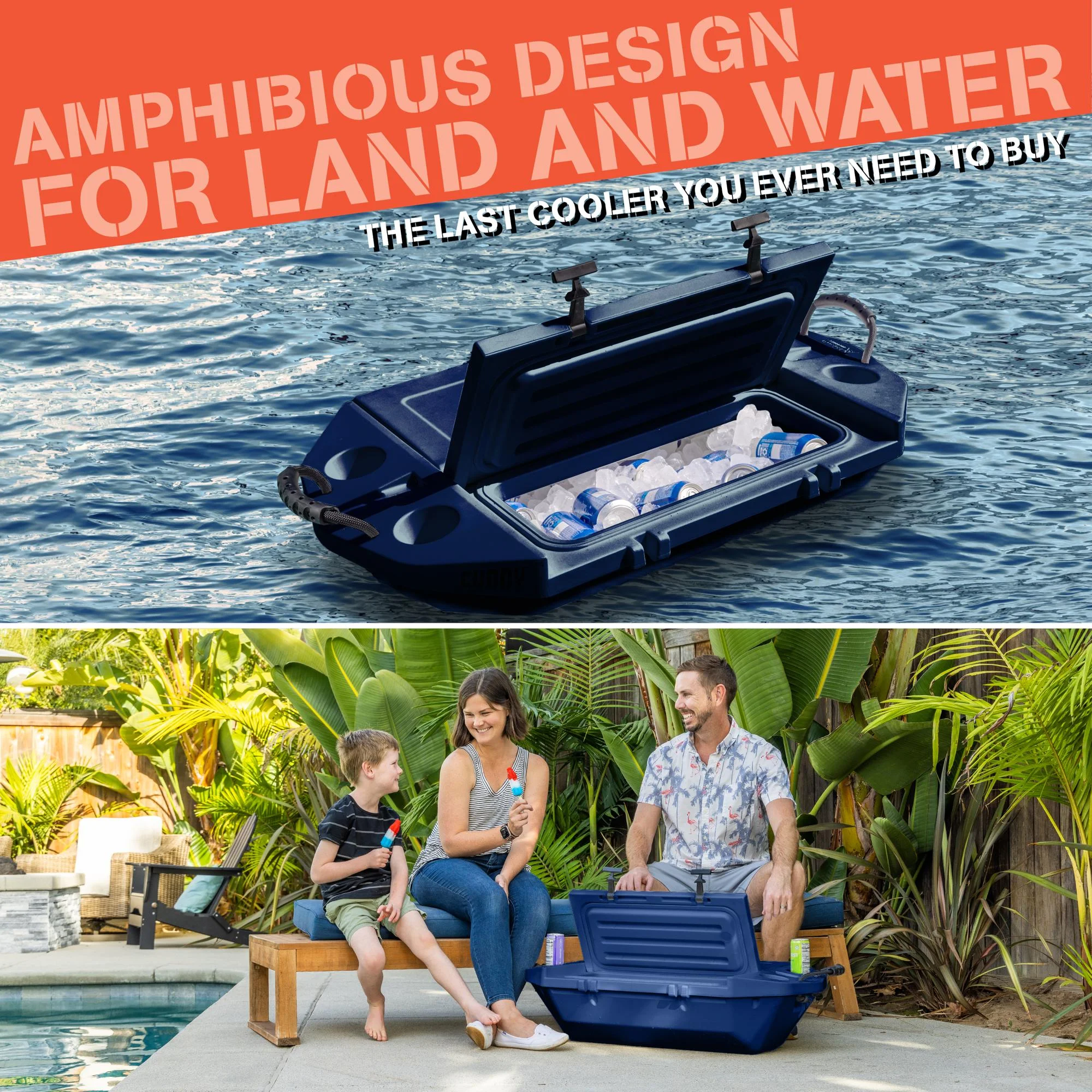 Cuddy Floating Cooler and Dry Storage Vessel - 40QT - Amphibious Hard Shell Design, Navy