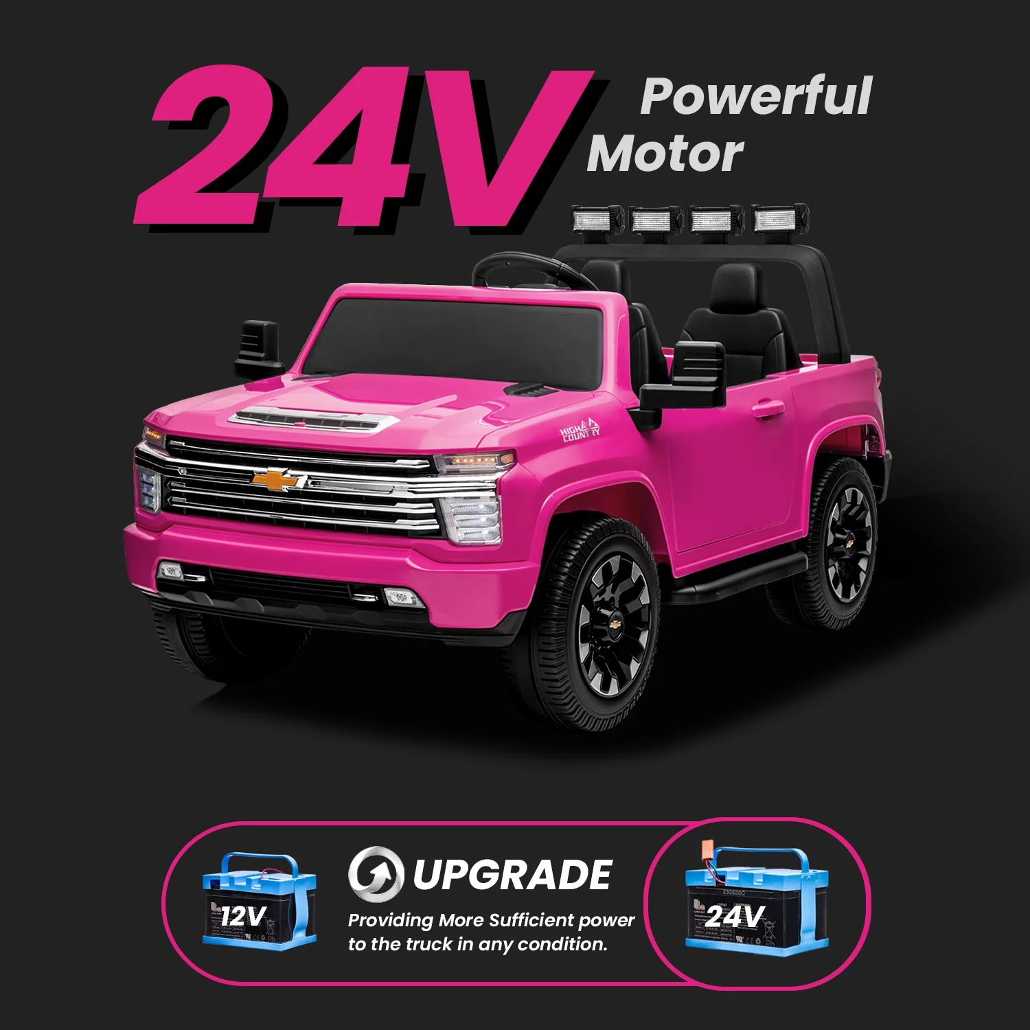 Track 7 24V Ride on Car, Licensed Silverado HD 2 Seater Electric Car for Boys Girls Age 3+, 24V Ride on Truck w/Remote Control, Music, ABC, Pink