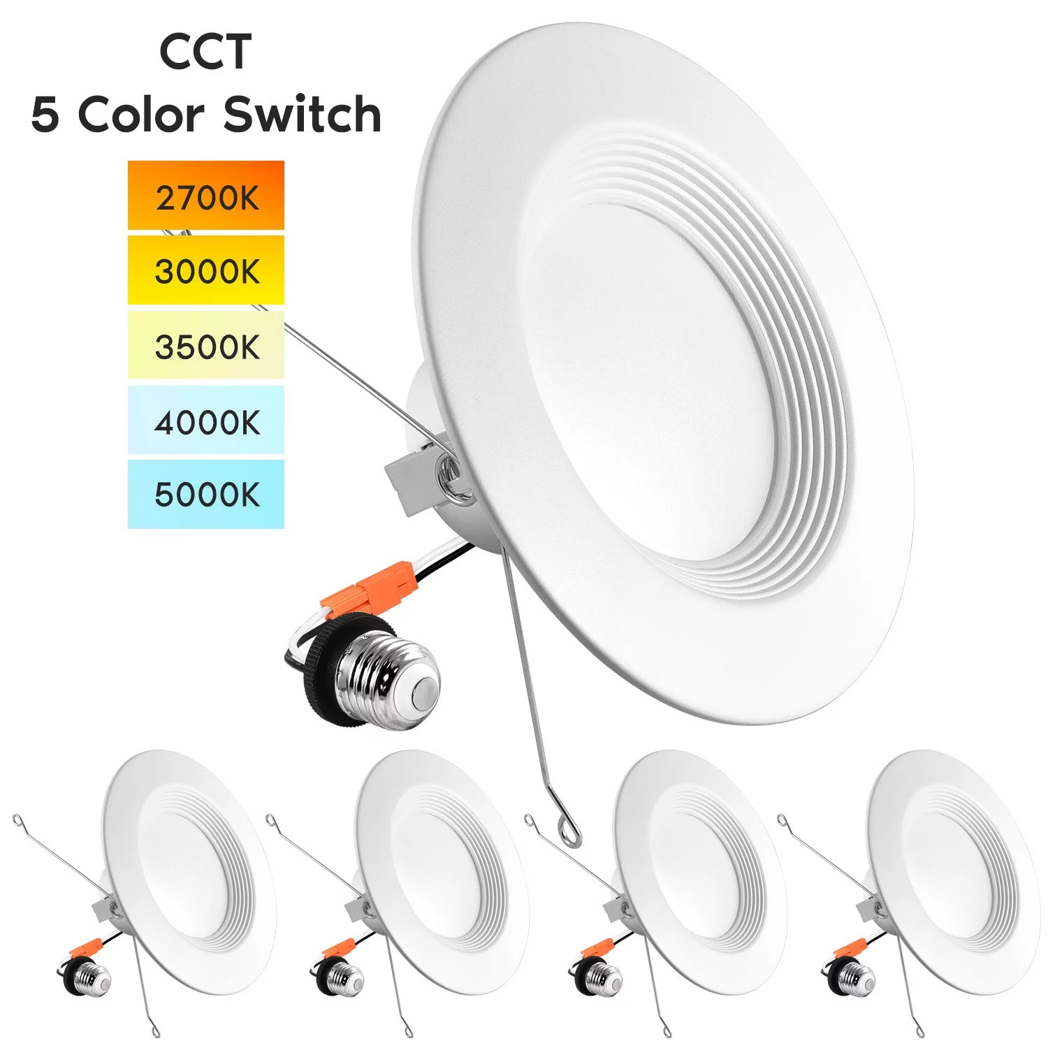 Luxrite 5/6 inch LED Recessed Retrofit Downlight, 14W=90W, 5 Color Selectable, Dimmable, 1100 Lumens, Wet Rated, Baffle Trim 4-Pack