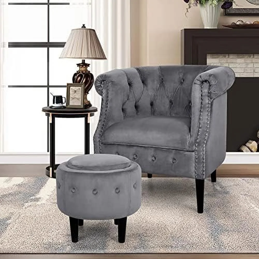 HOOMHIBIU Mid-Century Accent Chair with  Ottoman  Modern Velvet Armchair Button Tufted  Barrel Chair  Comfy Single Sofa Chair Ottoman Set for Living Room Bedroom Reading Room (Gray)