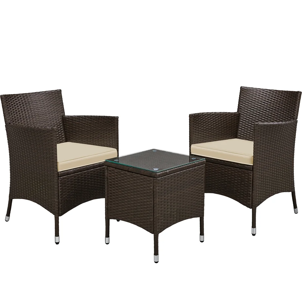 SmileMart Modern 3-Piece Bistro Set with Rattan Chairs and Table for Outdoor Patio, Brown with Beige Cushions