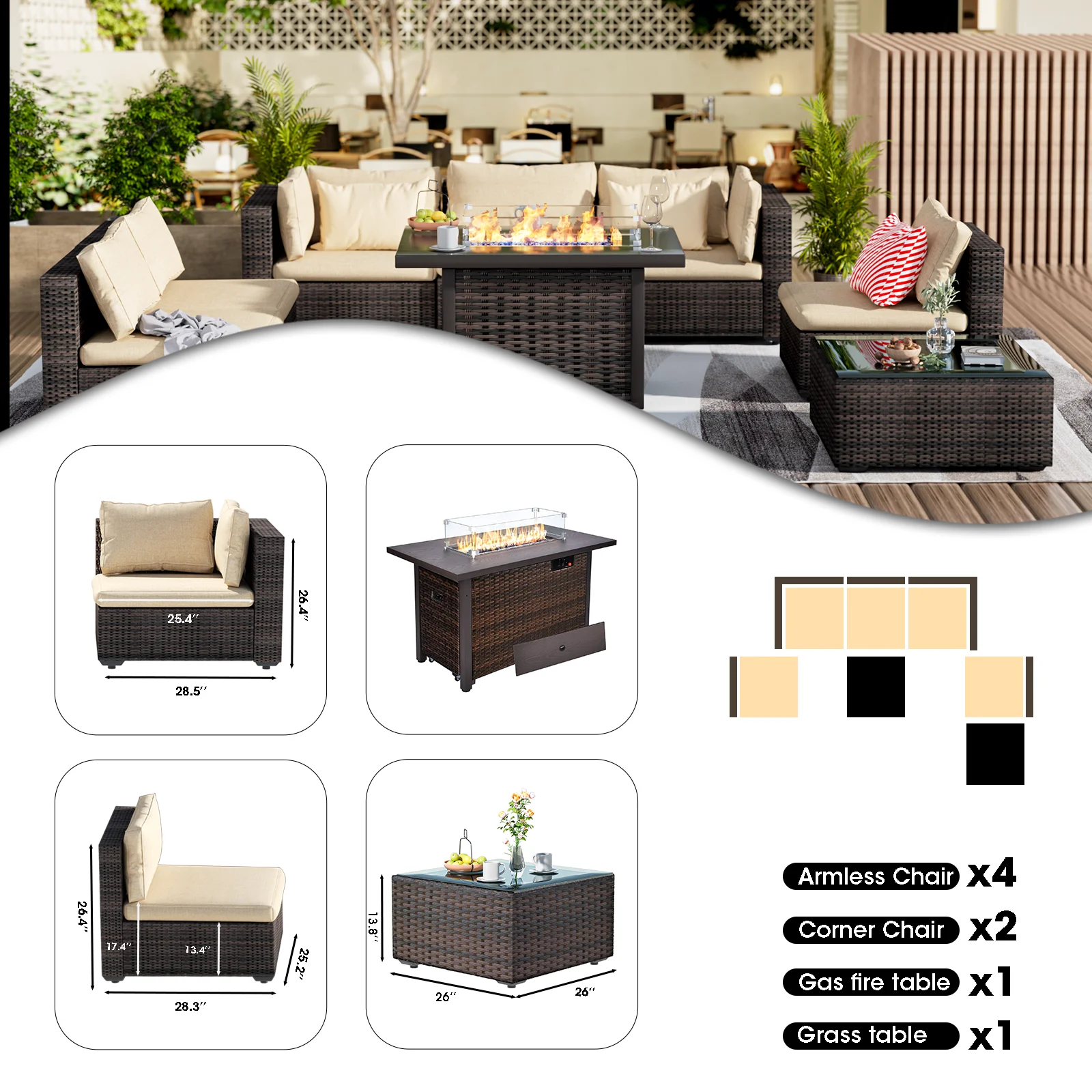 TANGJEAER 8 Pieces Patio Outdoor Furniture Sets All Weather Wicker Sectional Sofa Couch Lawn Sectional Furniture with Washable Couch Cushions and Black-Glass Table, Beige