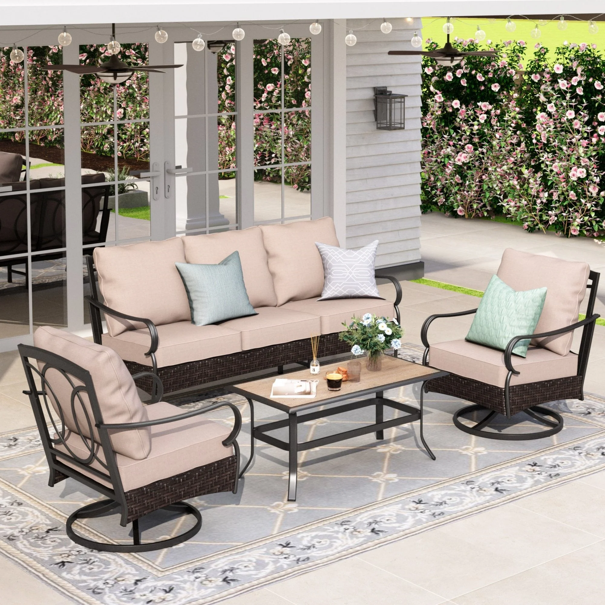 Alpha Joy 4 Piece Metal Patio Conversation Sofa Set 5-Seat Furniture Set with Swivel Chairs