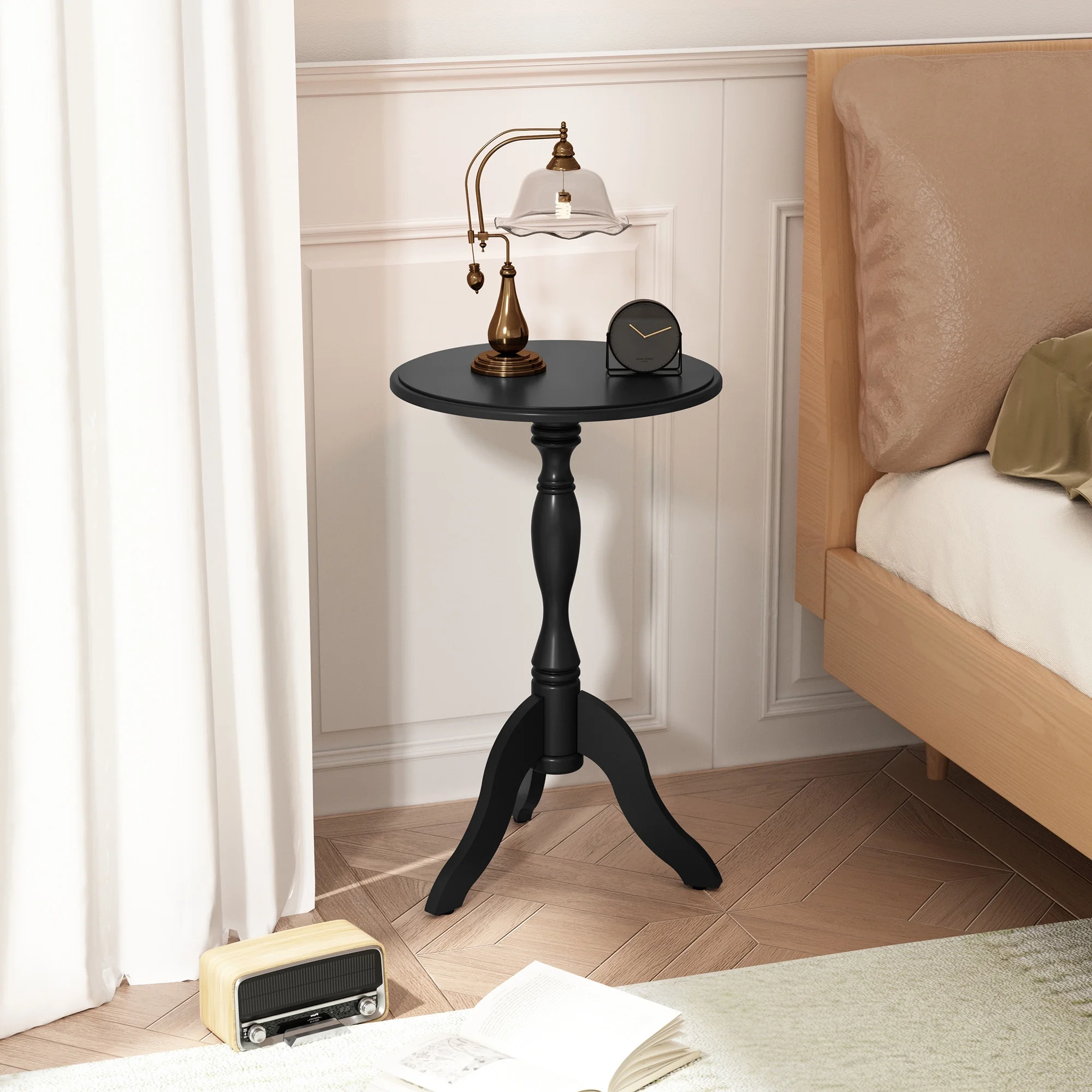 HLR Round Small End Table Wooden Side Table Pedestal Side Table,Vintage Accent Tables Nightstand for Living Room, Bedroom, Black