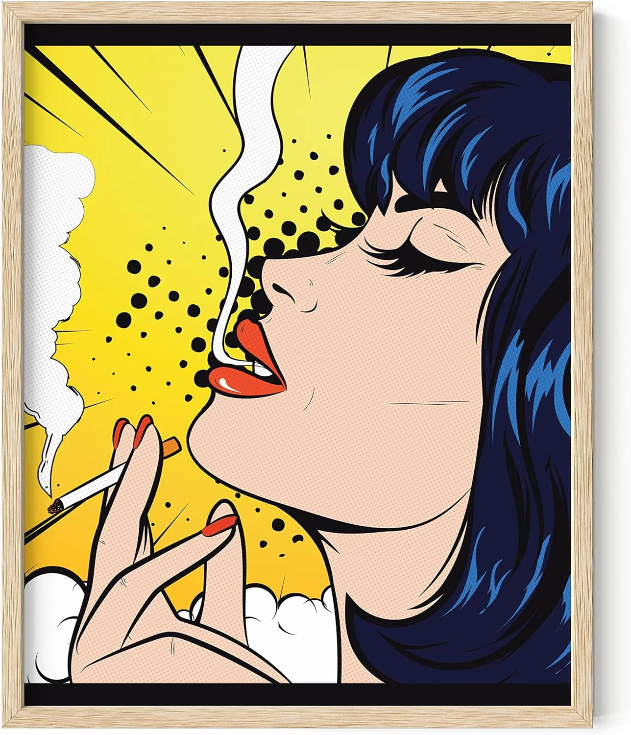 Haus and Hues Yellow Smoker Wall Art Print - Pop Art Prints, Smoking Decor Retro, Vintage Themed Home, Office, Apartment, Wall Decor Poster Wall Decoration Yellow Trippy Print (Beige Framed, 16x20)