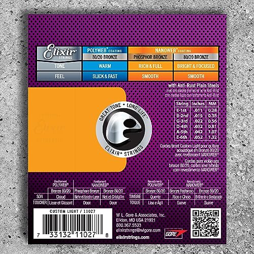 Elixir Strings, Acoustic Guitar Strings, 80/20 Bronze with NANOWEB Coating, Longest-Lasting Bright and Focused Tone with Comfortable Feel, 6 String Set, Light 12-53