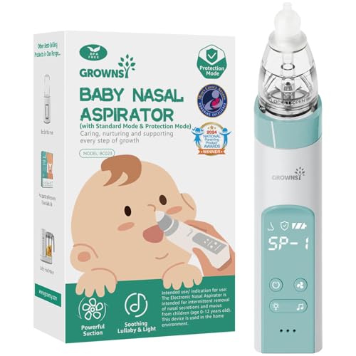 GROWNSY Nasal Aspirator for Baby, Baby Nose Sucker Pro with 3 Soft Silicone Tips, Adjustable Suction, Electric Nose Suction for Baby, Built-in Music & Light Soothing