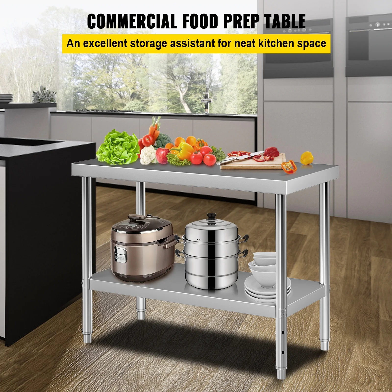 VEVOR Stainless Steel Prep Table, 48 x 18 x 34 inch, 550lbs Load Capacity Heavy Duty Metal Worktable with Adjustable Undershelf, Commercial Workstation for Kitchen Restaurant Garage Backyard