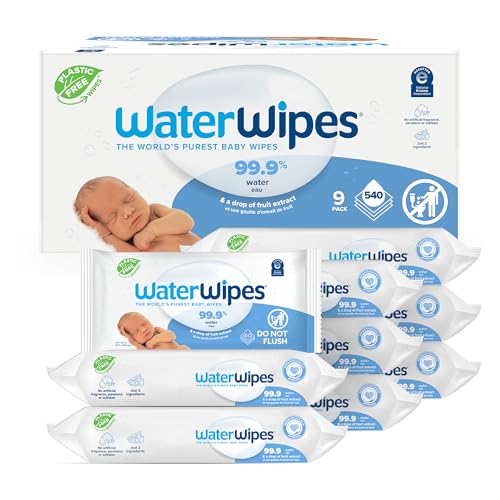 WaterWipes Plastic-Free Original Baby Wipes, 99.9% Water Based Wipes, Unscented & Hypoallergenic for Sensitive Skin, 60 Count (Pack of 12), Packaging May Vary