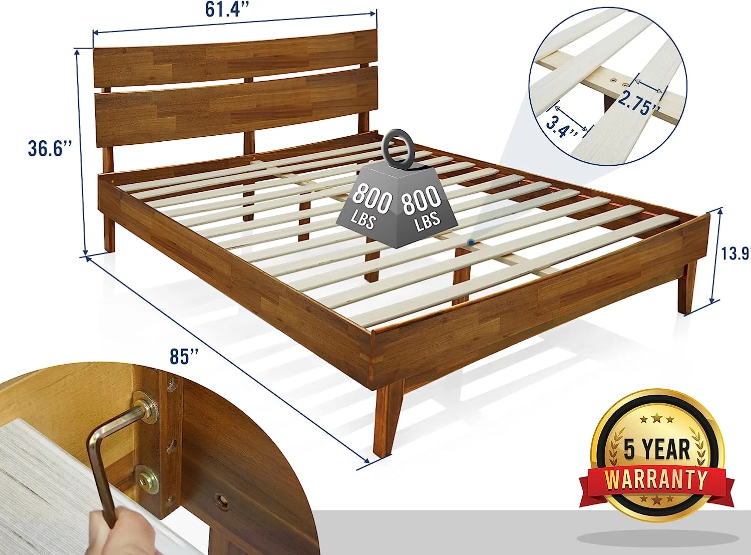 Acacia Aurora 14 Inch Wood Platform Bed  Bed Frame with Headboard  Queen Size  Caramel
