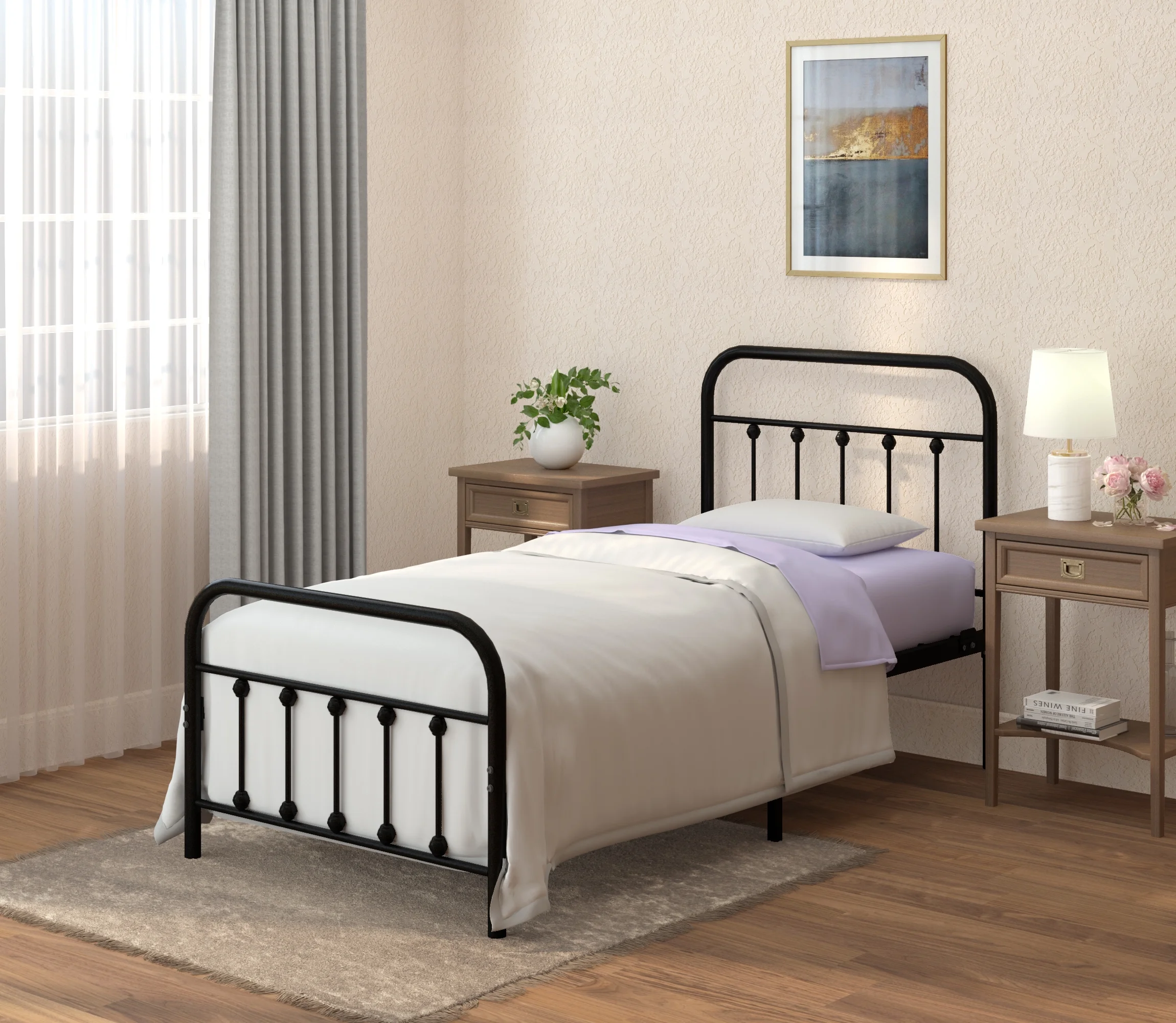 CastleBeds Vintage Twin Metal Bed Frame with Headboard and Footboard – Platform | Wrought Iron | Heavy Duty | Solid Sturdy Metal Slat | Black | No Box Spring Needed | Mattress Foundation | AMBEE21