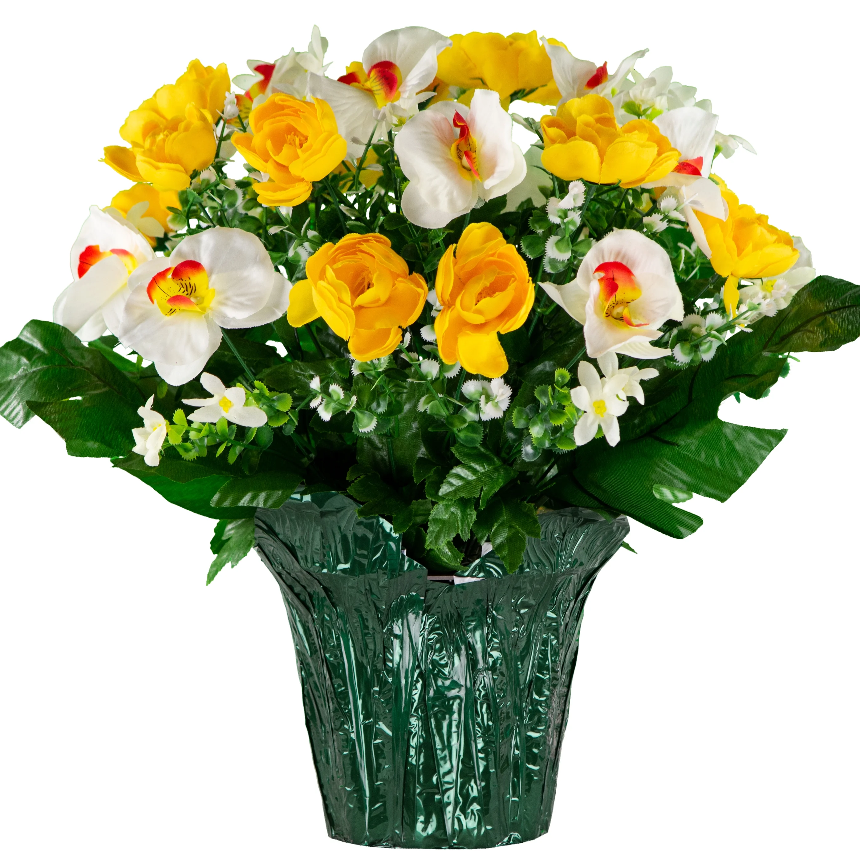Sympathy Silks Artificial Yellow Cabbage Rose and White Orchids Flower Pot