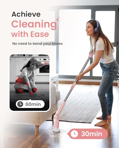 Leebein Electric Spin Scrubber, Shower Scrubber with 4 Adjustable Angles and 8 Brush Heads, Electric Scrubber with Long Handle & Remote Controller, Cleaning Brush for Bathroom, Tub, Floor (Black)