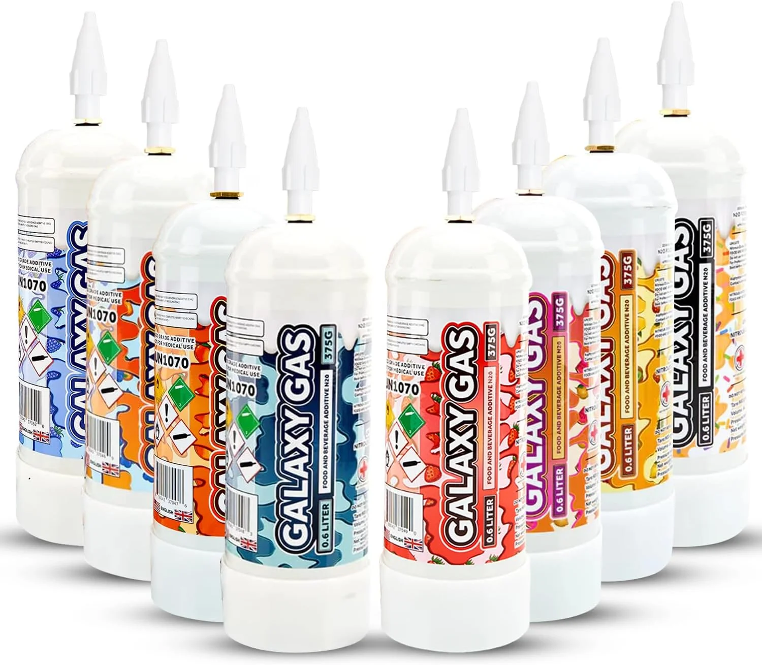 Galaxy Gas Eight Variety Flavors Whipped Cream Dispenser Cartridge Tank, Nitrous Oxide 0.6L 375 Gram, Whipped Cream Tank, N2O Charger Tank, 8 Cylinders