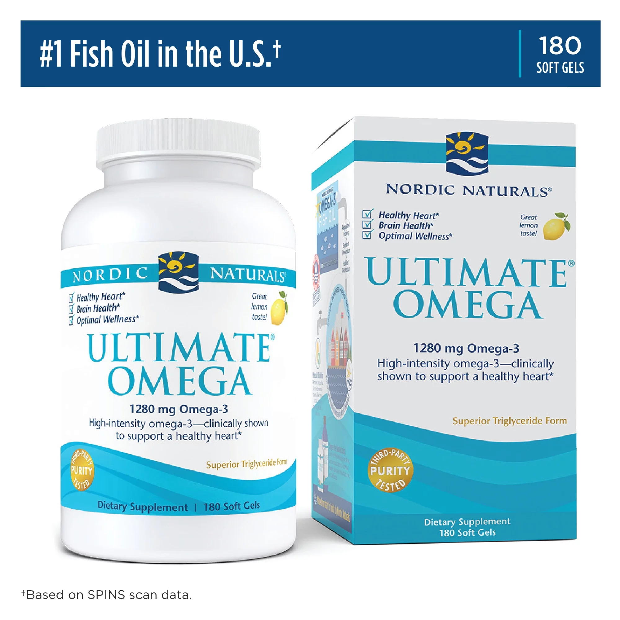 Nordic Naturals Ultimate Omega Softgels, Lemon, 1280 mg, Fish Oil, 180 Ct