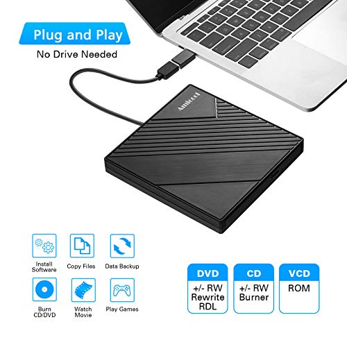 External DVD Drive USB 3.0 USB C CD Burner CD/DVD +/-RW Optical Drive, Slim Portable DVD CD ROM Rewriter Writer Duplicator for Laptop Desktop PC Windows 11/10/8/7 MacBook Mac Linux OS Apple