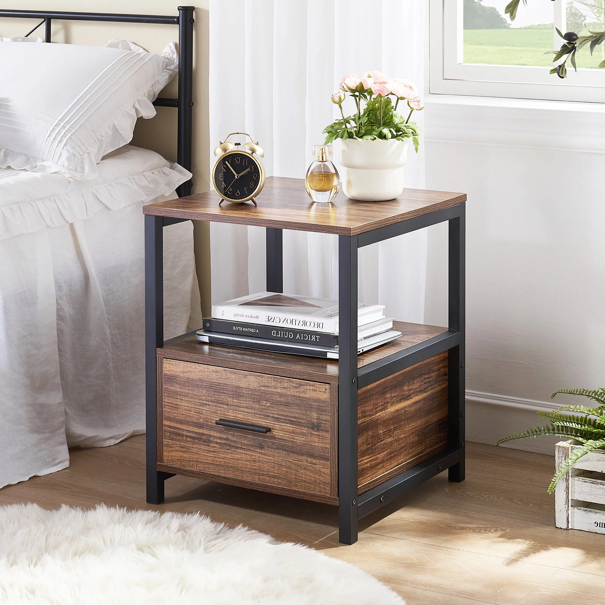 VECELO 2 Tiers Nightstand with Drawer, Square End Side Table for Hallway, Bedroom, Living Room, Small Space, Night Stand with Open Shelf, Brown