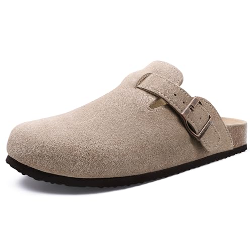 Genuine Suede Clogs for Women Men Soft Cork Footbed Leather Mules Comfort Potato Shoes with Arch Support