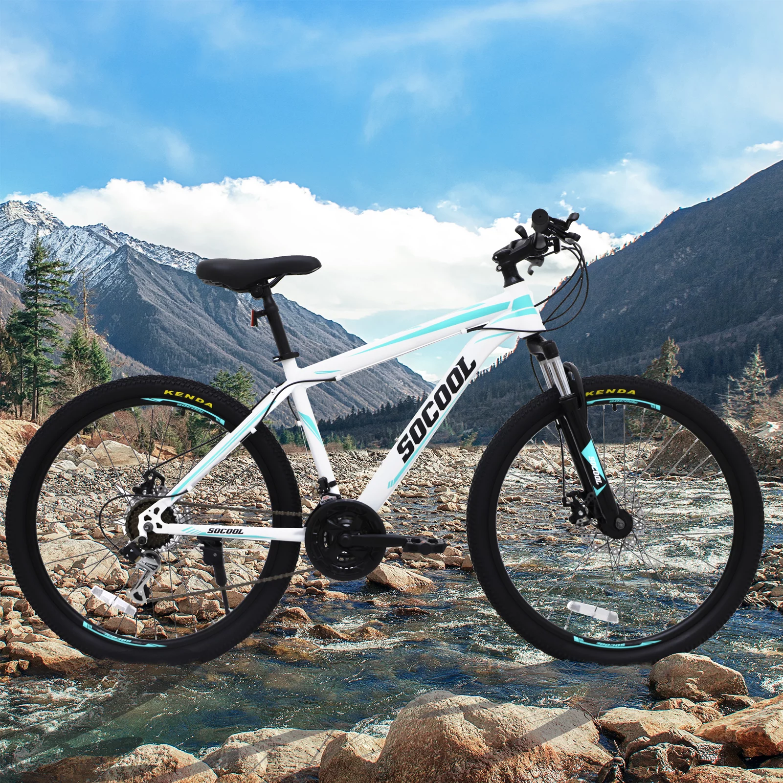 SOCOOL Mountain Bike, 26 Inch Wheels, 21 Speed Dual Disc Brakes, Bicycle for Men & Women, Full Suspension, Bicycle Urban Commuters, White and Black Bike, WD1325BK