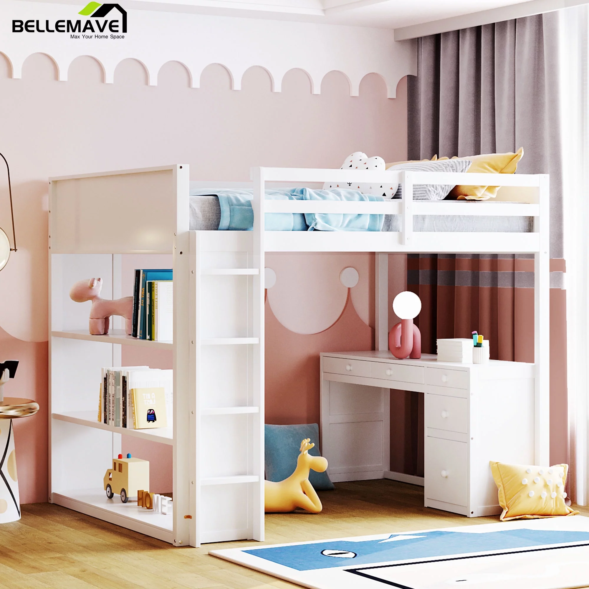 Bellemave Full Size Loft Bed with Desk and Shelves, Wood High Loft Bed Frame with Storage and Ladder, for Kids Teens Adults, White