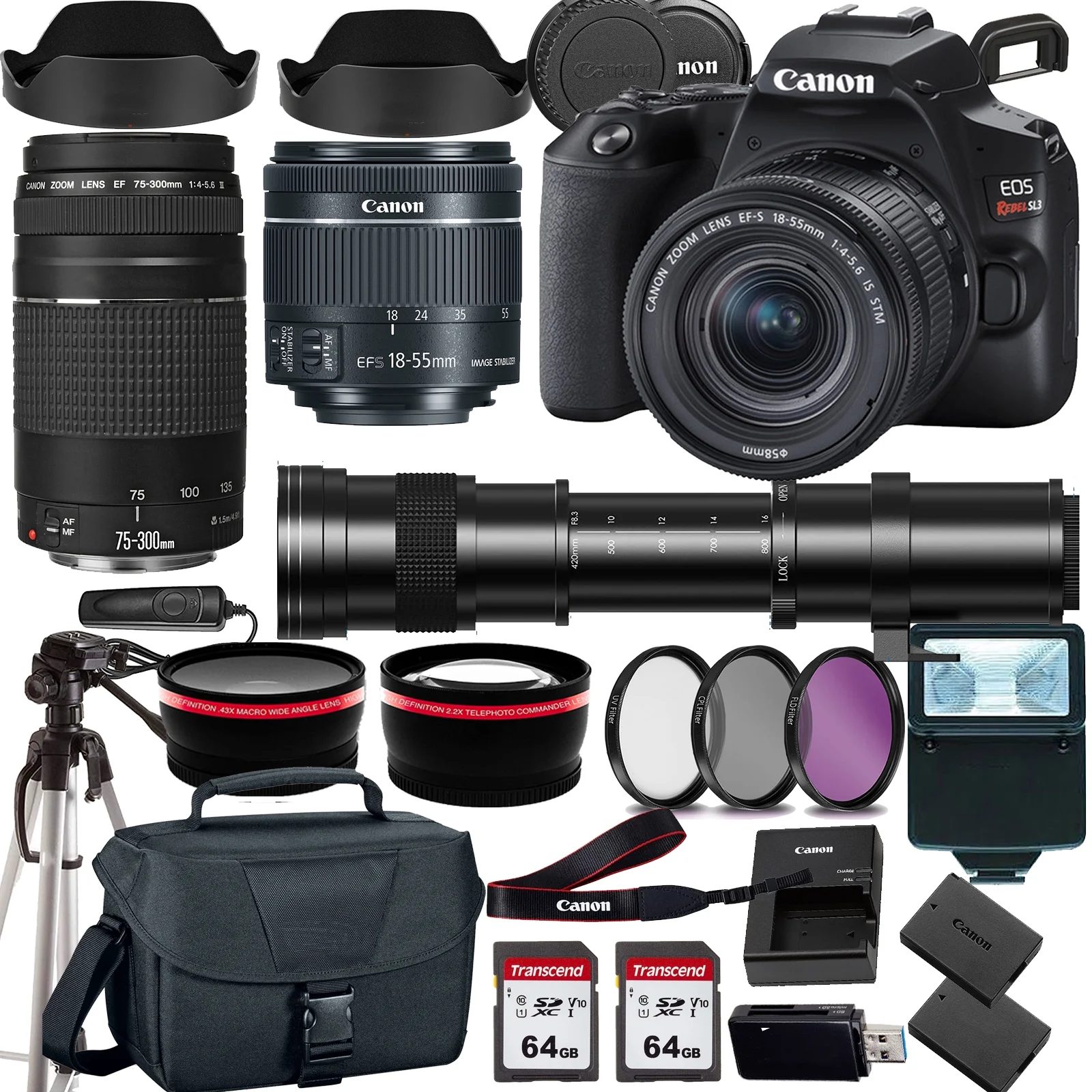 Canon Rebel SL3 / EOS 250D DSLR Camera w/Canon EF-S 18-55mm f/4-5.6 IS STM Lens+Canon EF 75-300mm III Lens+420-800mm HD Telephoto Zoom lens+case+128Memory Cards (24PC)