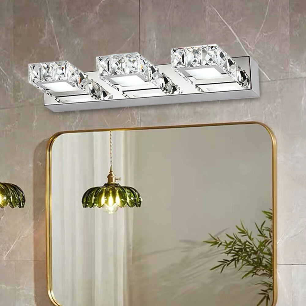 18In Bathroom Vanity Wall Light Over Mirror Light LED Crystal Wall Sconce Lighting,3 Lights Modern Stainless Steel Vanity Lights Fixture 3 Heads Square Mirror Front Light Wall Lamps Toilet Make-Up