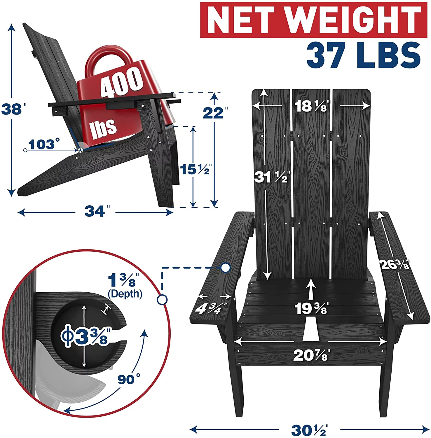 WINSOON All Weather HIPS Adirondack Chair with Cup Holder, Outdoor Patio Chair set of 4, Black Finish