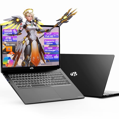 NIMO 17.3 Gaming-Laptop Ryzen 9 8945HS (>i9-13900H) 32GB RAM, 1TB SSD, Radeon 780M, PD 100W USB-C 4.0 AI-Enhanced for Copilot VR Ready, Backlit KB Fingerprint Unlock, Gaming Student Office Business