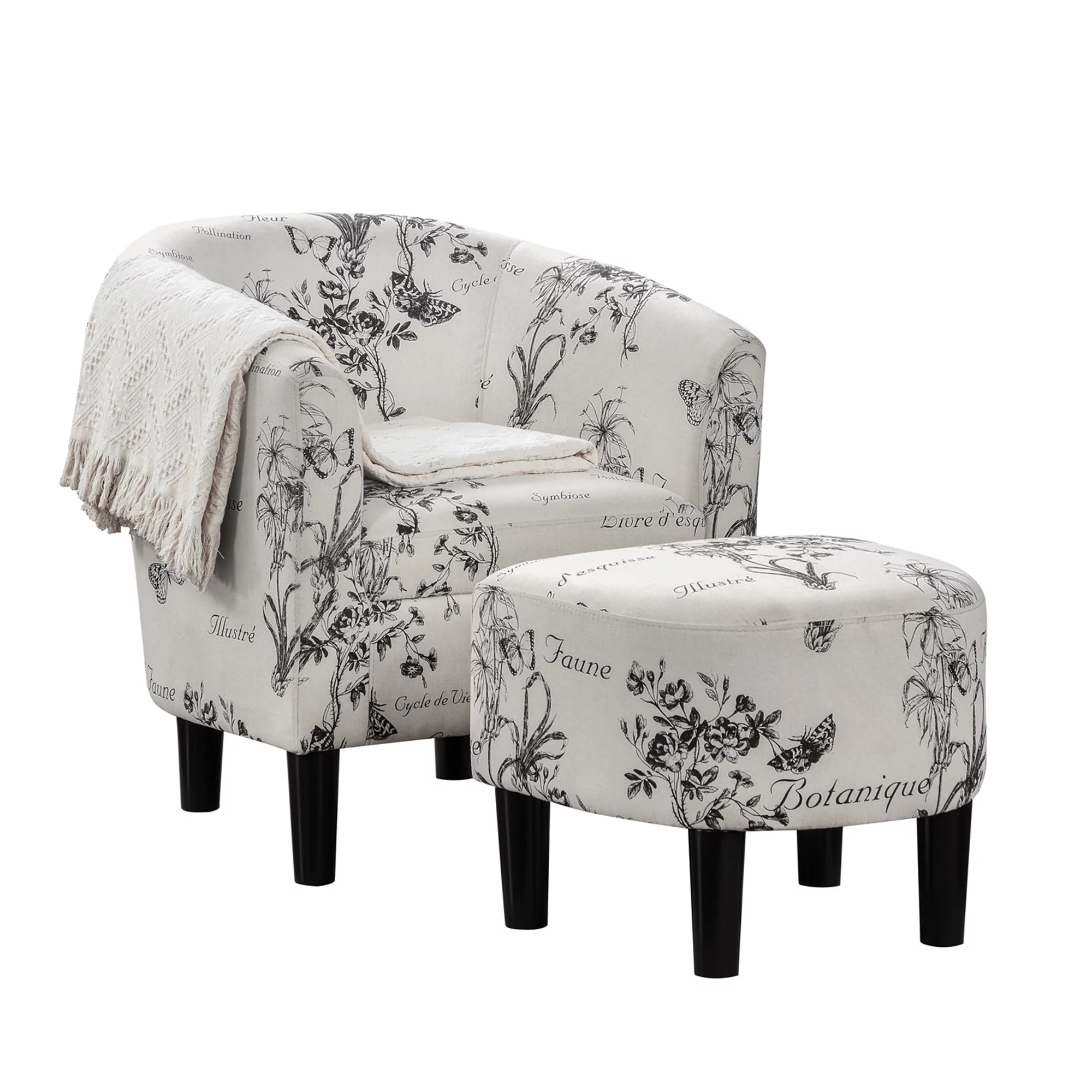 Convenience Concepts Take a Seat Churchill Accent Chair with Ottoman, Botanical Print