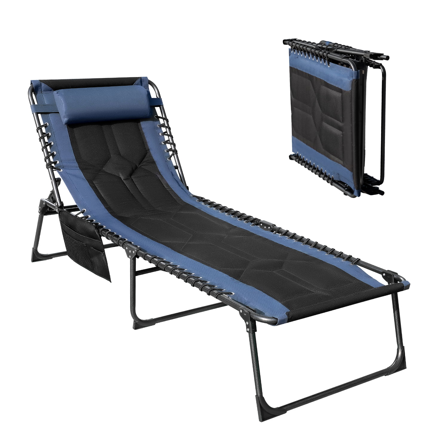 Devoko Patio Metal Lounge Chairs Folding Adjustable Chaise Chair with Side Bag, Blue