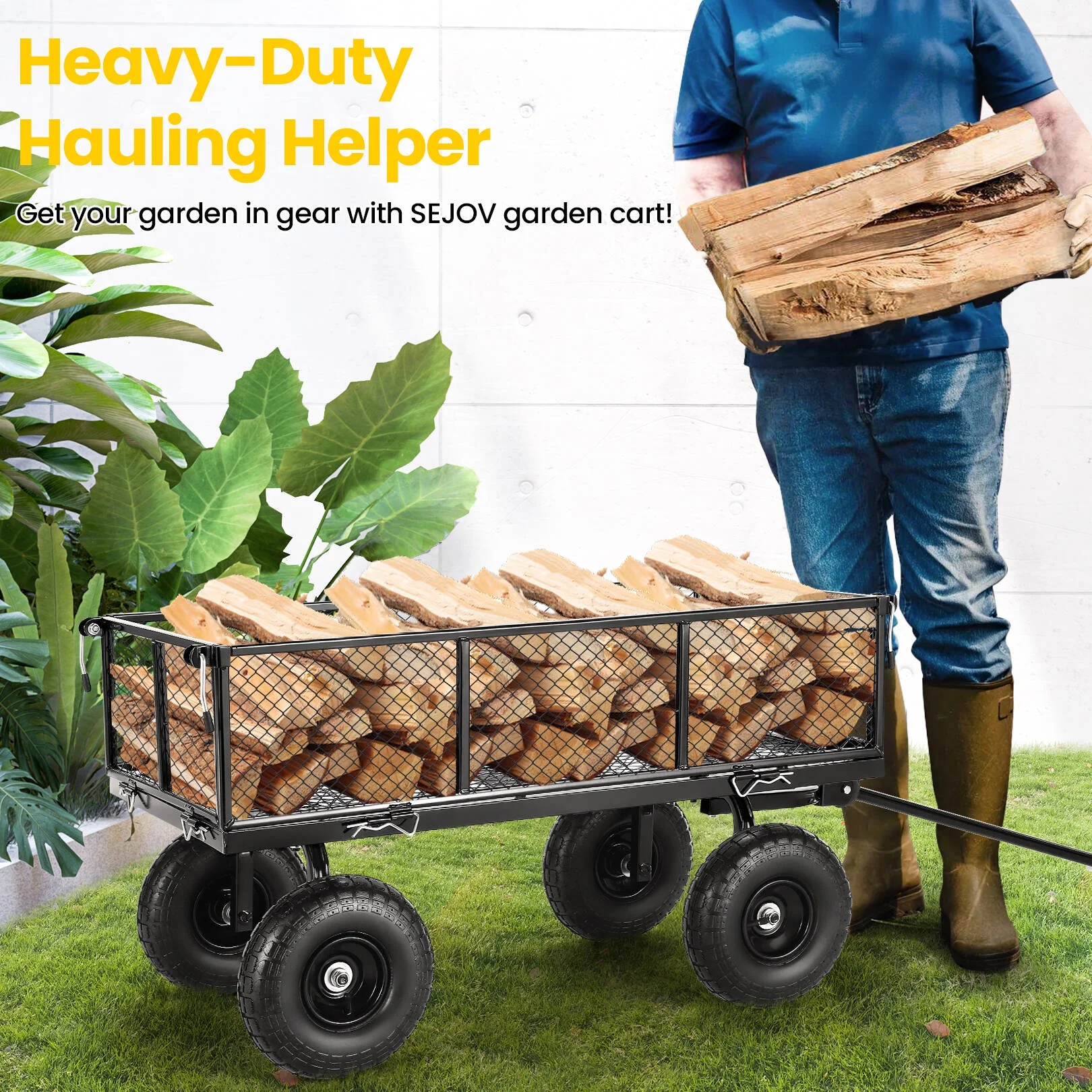 Funcid Steel Garden Cart, Heavy Duty 660 LBS Capacity, with Removable Mesh Sides to Convert into Flatbed, Utility Metal Wagon with 180° Rotating Handle and 10