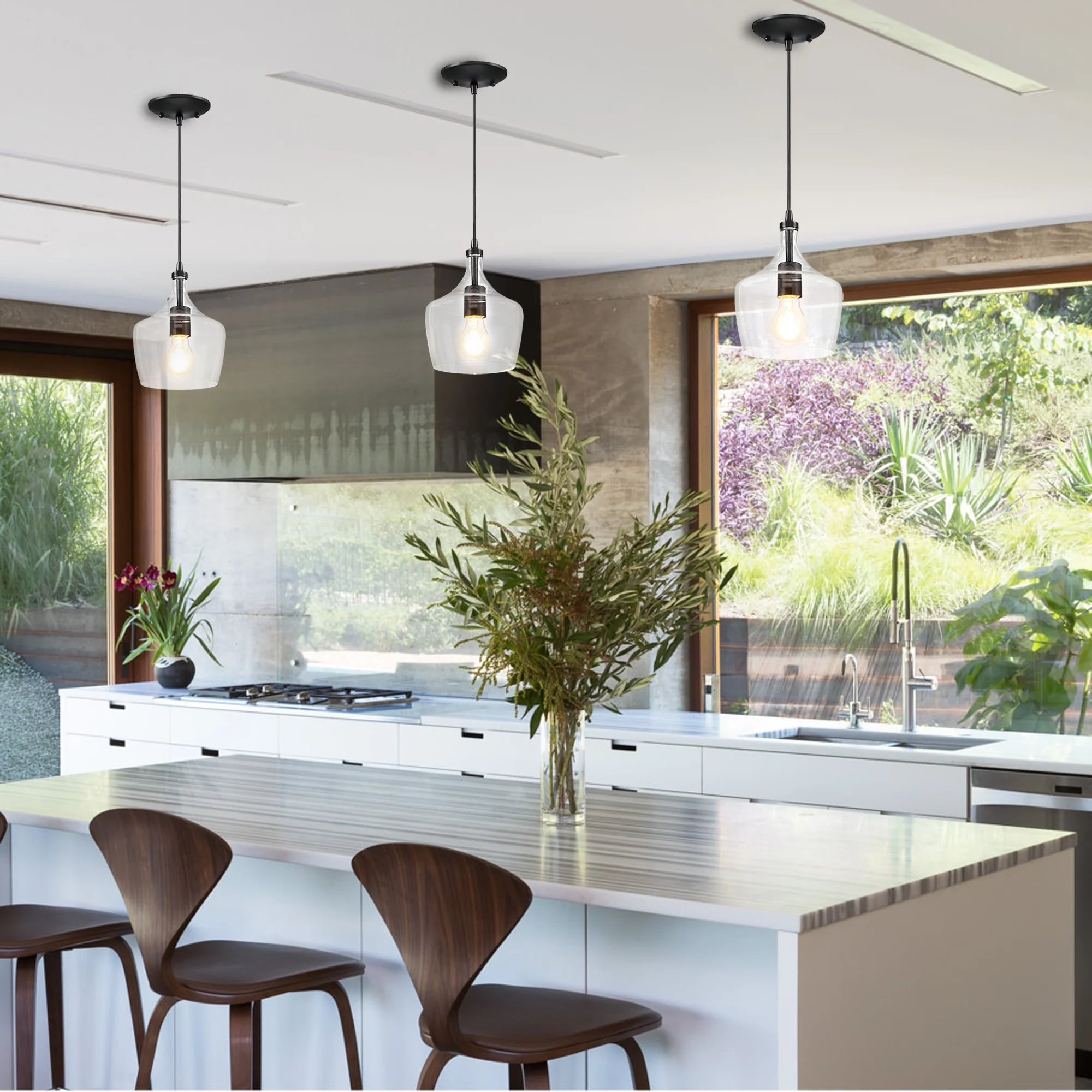 3-Pack Bronze Pendant Lighting Ceiling Mount Kitchen Light Fixtures with Glass Shade for Dining Room, Dining Table, Bars